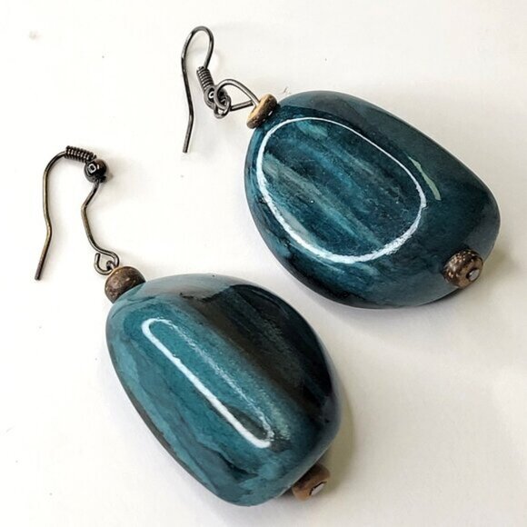 Teal/Black/Golden Colour Fusion Wood Bead Drop Earrings with Silver Tone Closure - Picture 1 of 8